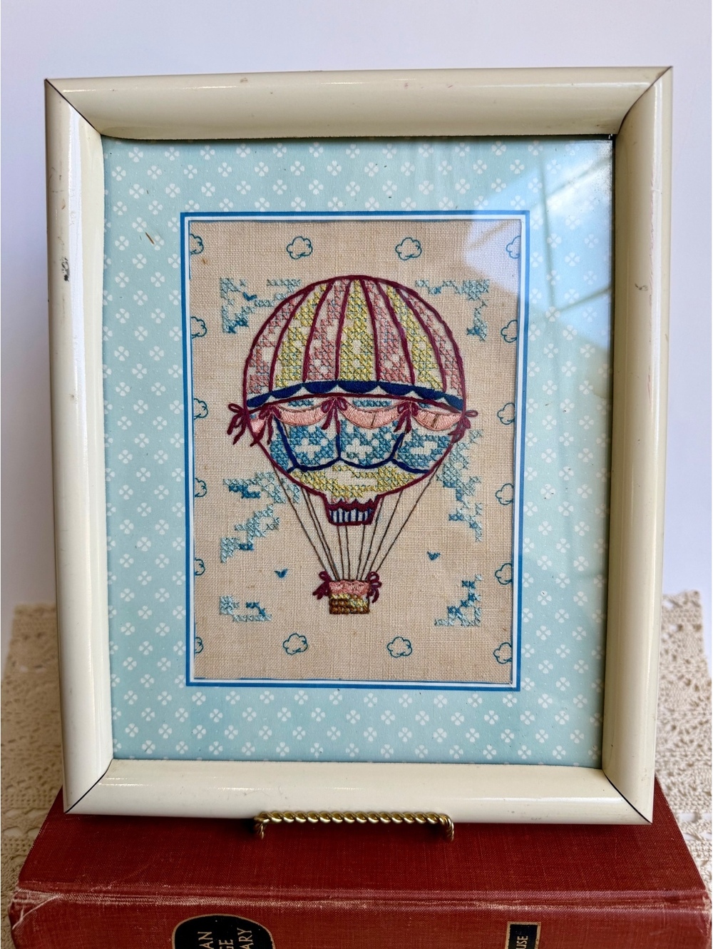 Vintage Framed Hot Air Balloon Crewel Embroidery Needlework Wall Art